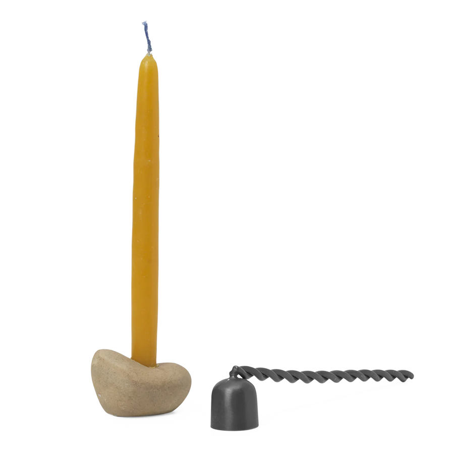 Libre, Candle Holder Gift Set by ferm LIVING, holding a lit taper candle